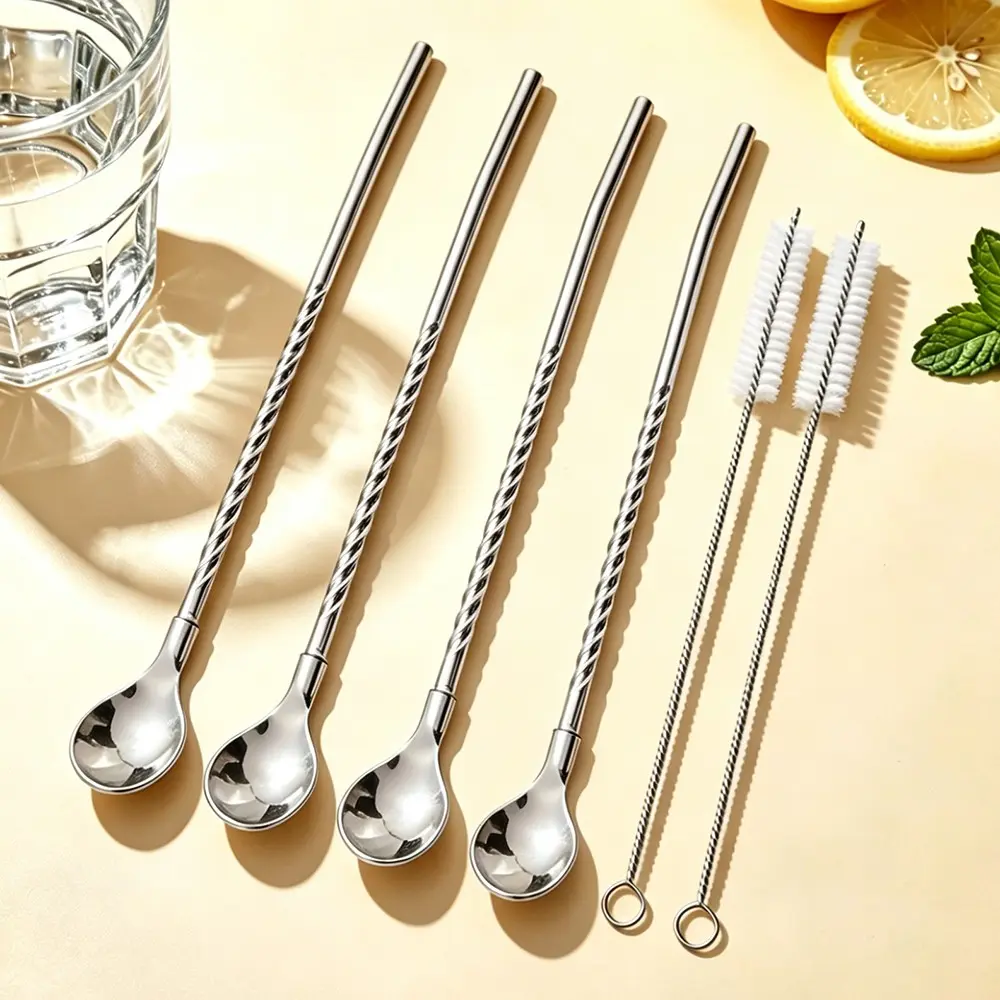 6-Piece Reusable Stainless Steel Straw Spoon Set, Drinking Straws, Drink Accessories, Metal Straw, Long Handle Ice Cream Sundae Coffee Cold Drink Ice Tea Milkshake Cocktail Stirrer