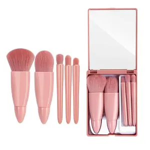 5Pcs Mini Travel Makeup Brush Set with Built-in Mirror, Portable All-in-Function Cosmetic Brushes Kit, Easy-Carry Small Makeup Brushes for Travel & Daily Use