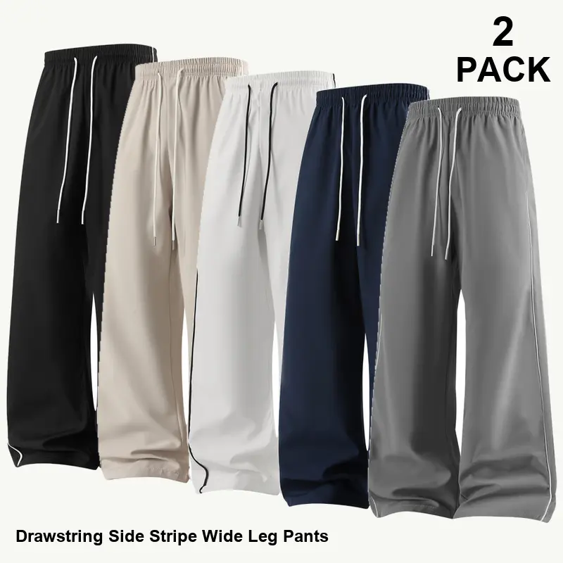 2-Pack Same Solid Color Men's Wide Leg Drawstring Pants, Elastic Drawstring Waist, Contrast Side Piping, Side Pockets, for Streetwear, Relaxed Weekends, Trips and Repeat Daily Outfits - JHCKC-1552 1