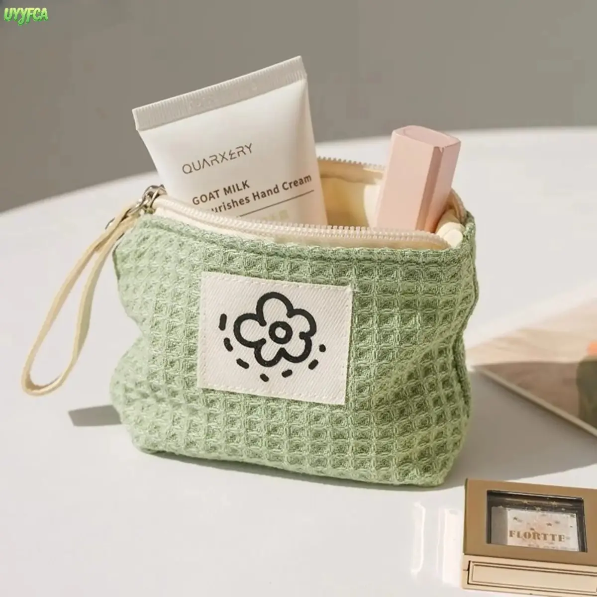 Minimalist Waffle Textured Mini Zipper Pouch, Simple Floral Patch Small Cosmetic Bag, Portable Wrist Strap Multi Purpose Organizer, Soft Lined Tiny Storage Case For Lipstick Coins Earbuds, Student Daily Commute Weekend Travel Carry Accessory, Compact, Sof