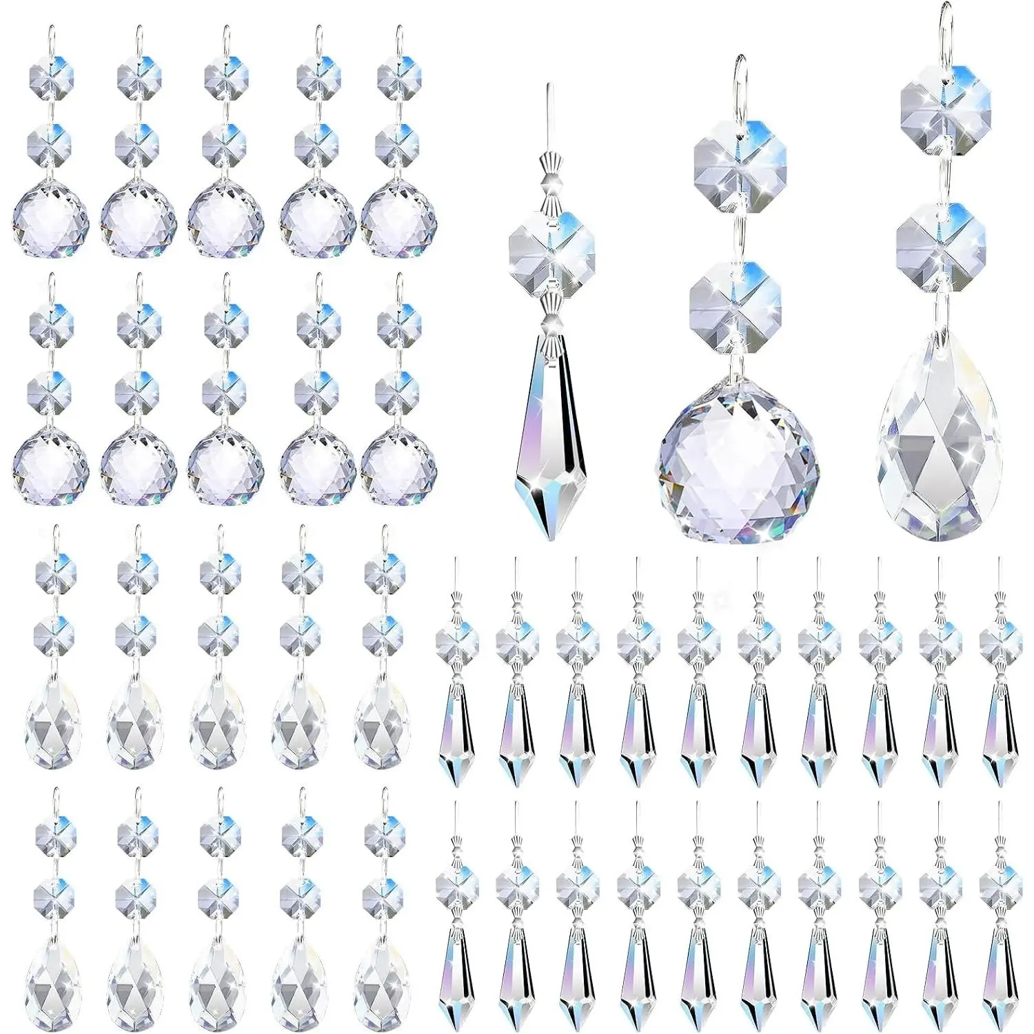 44 Pack Chandelier Crystal Prism Replacement, 38mm Hanging Clear Crystal Glass Bead Prisms 20mm Chandelier Crystals Modern for Foyer Wedding Lamp Windows Christmas Tree Decoration