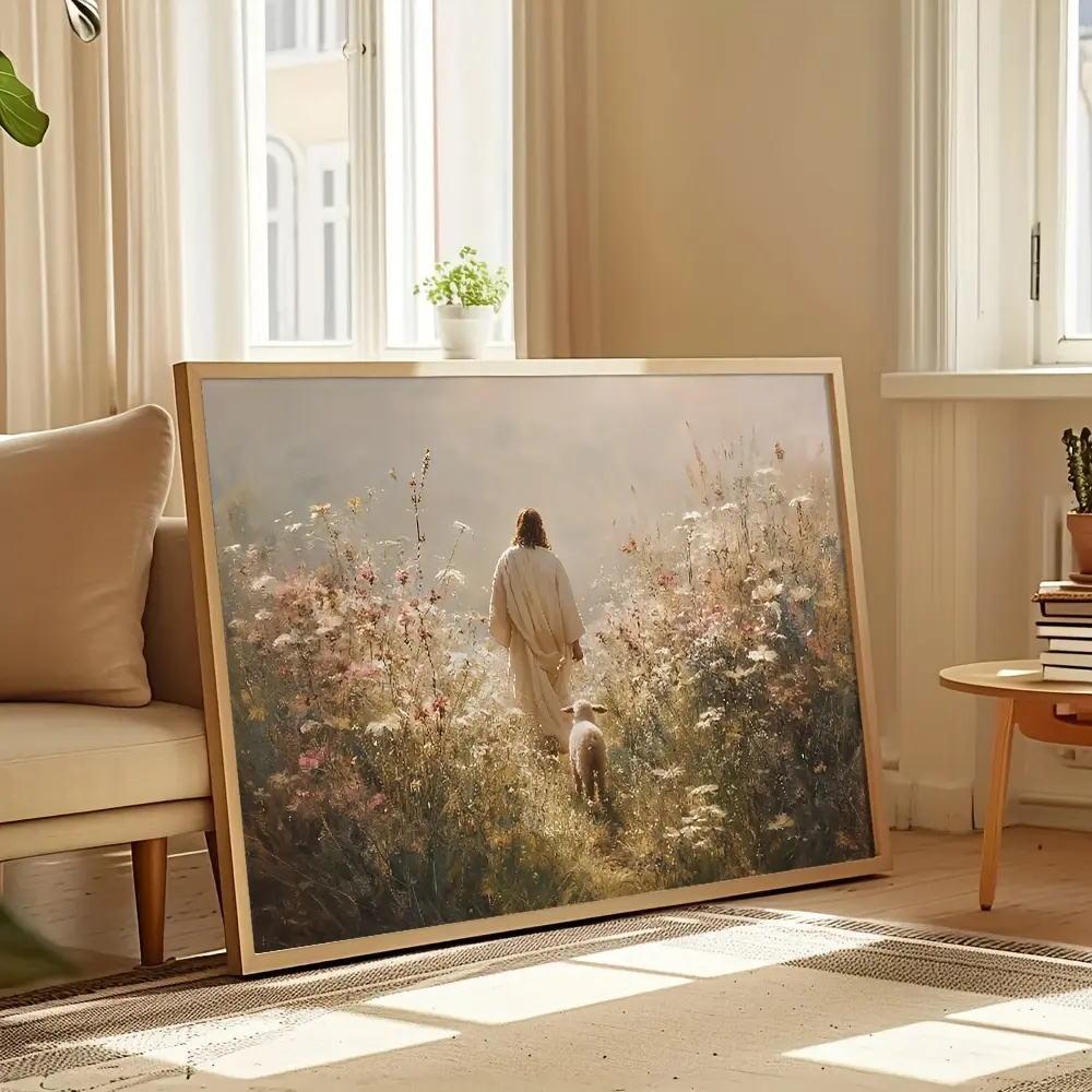 1-Piece Christian Religious Wall Art Print - "Jesus the Good Shepherd and the Lost Lamb" Contemporary Minimalist Frameless Horizontal Canvas Poster, Home Decor House Decor Artwork for Walls Supplies, Artistic, Room