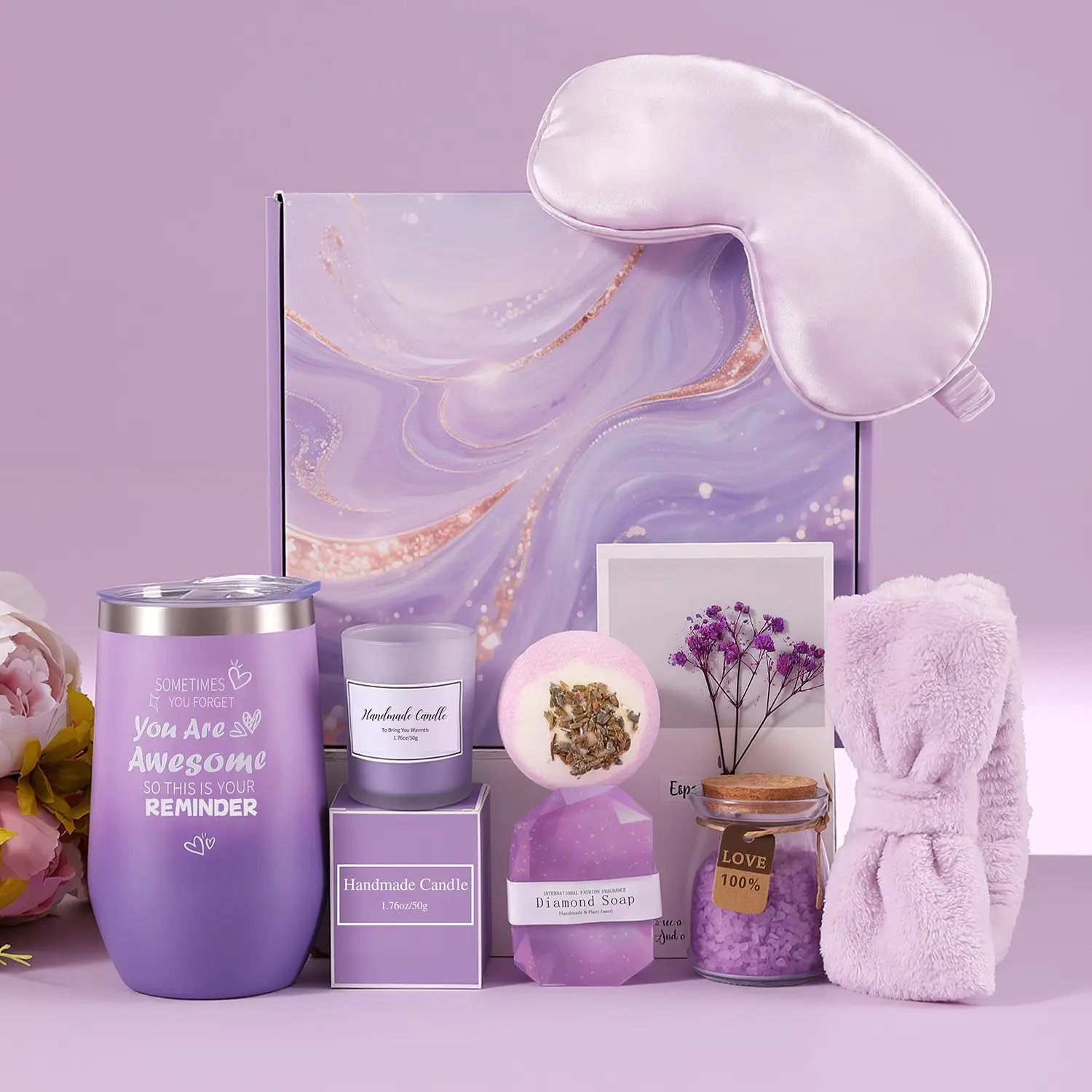1Set Purple Gift Box Set, including insulated tumbler, scented candle, sleep eye mask, bath bomb, gemstone soap, fluffy headband and bath salt, suitable for all occasions as holiday and birthday gifts for women, Party Gift