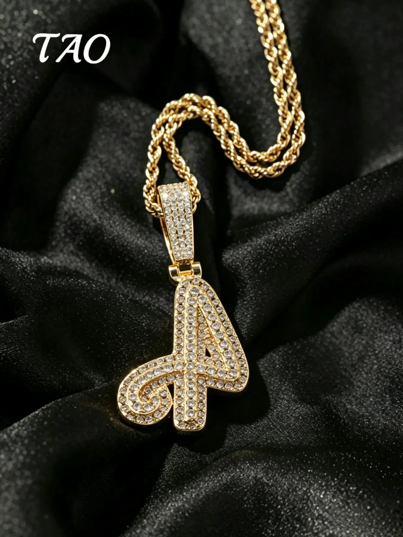 TAO-1Pc Luxury Cursive A‑Z Letter Pendant, Copper Inlaid 5A‑Grade Zircon, With 24‑Inch Rope Chain, Hip Hop Style, Unisex, Couple Jewelry, Fashion Versatile