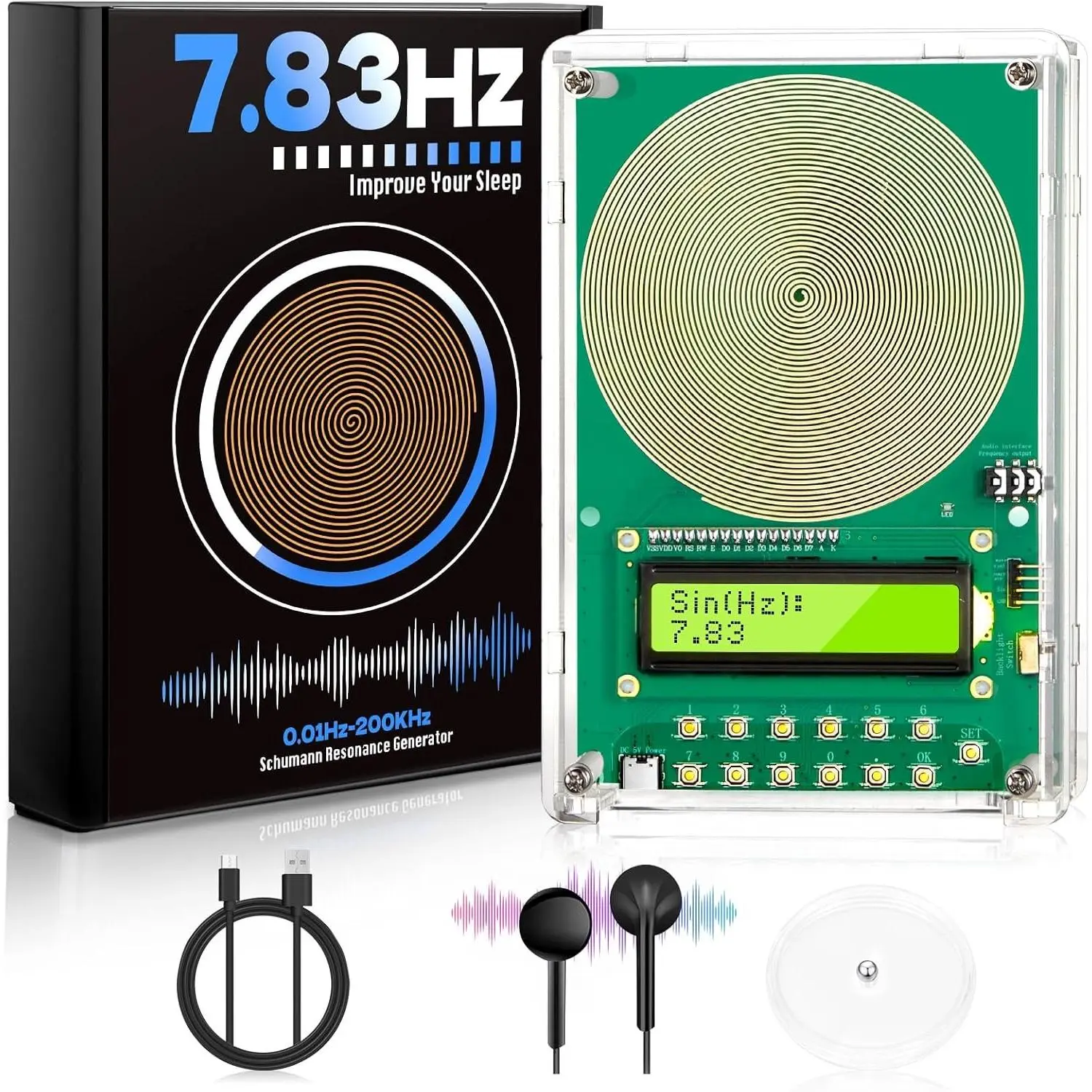 Frequency Generator for Healing – 7.83Hz Schumann Resonance Sound Therapy Device with Acrylic Case for Sleep aid, Meditation, Stress Relief & Yoga (0.01Hz–200kHz)