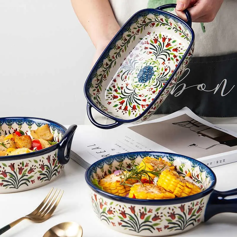 Polish Vintage Ceramic Cookware Set, Handle Bowl & Rectangular Roasting Pan, Oven to Table Serving Dishes, Home Dining Collection