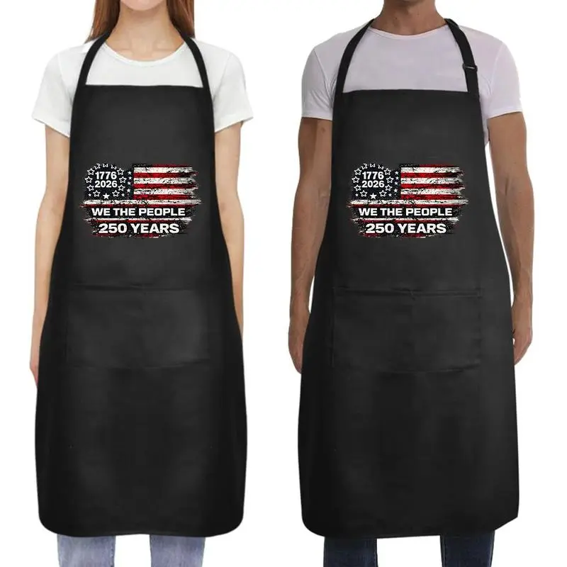 Women's Custom Vintage American Flag Print Workwear Apron - 2pcs, Waterproof Cotton Blend, Adjustable Unisex, Pocket Design for BBQ, Cooking