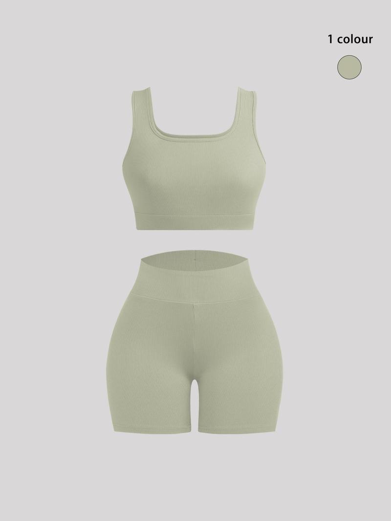 Women's Solid Ribbed Set, Casual Crop Tank Top & High Waist Skinny Shorts, Summer Outfits, Womenswear