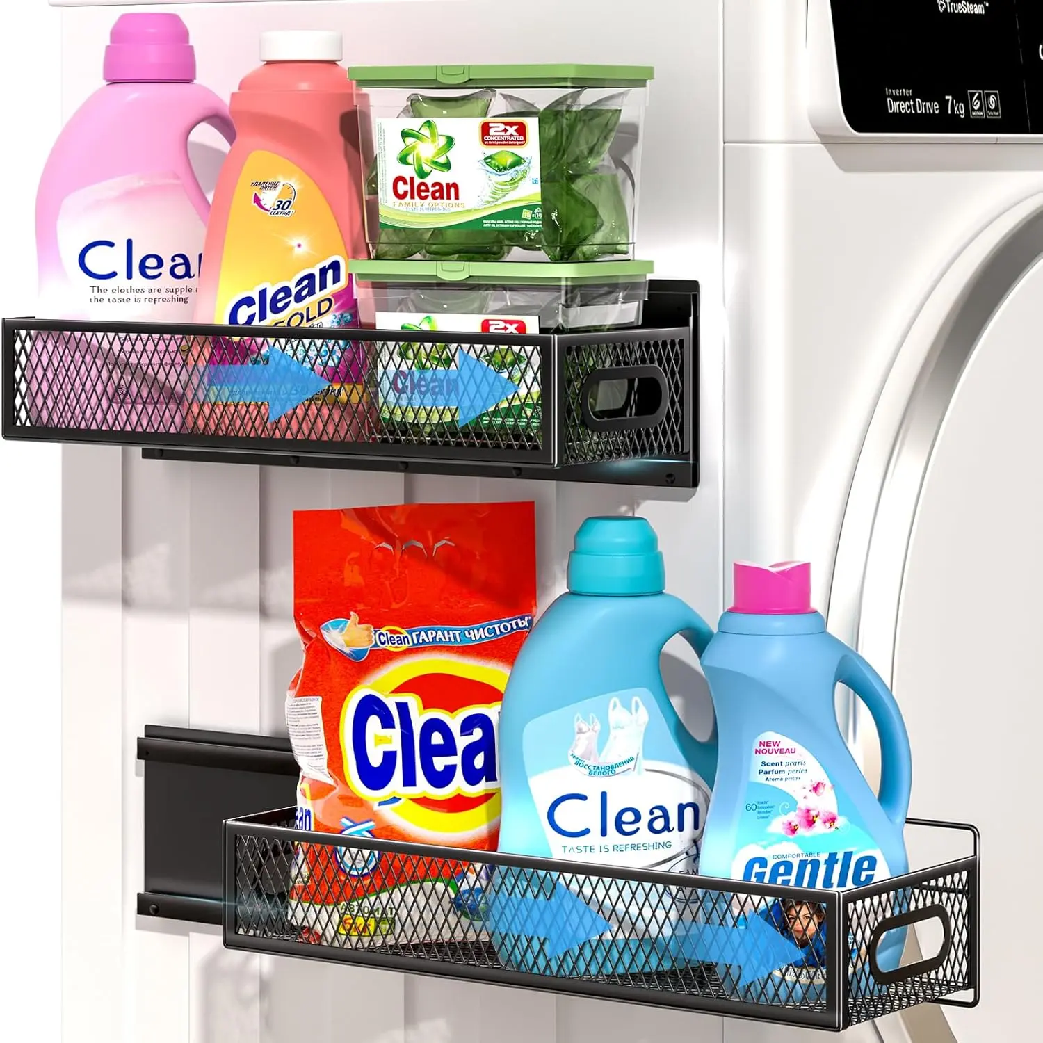 2-Pack Magnetic Pull Out Laundry Organizer, Slide Out Magnetic Shelves for Washing Machine, Strong Magnet Metal Basket for Washer Dryer Laundry Room, Heavy Duty Widen Spice Rack for Kitchen