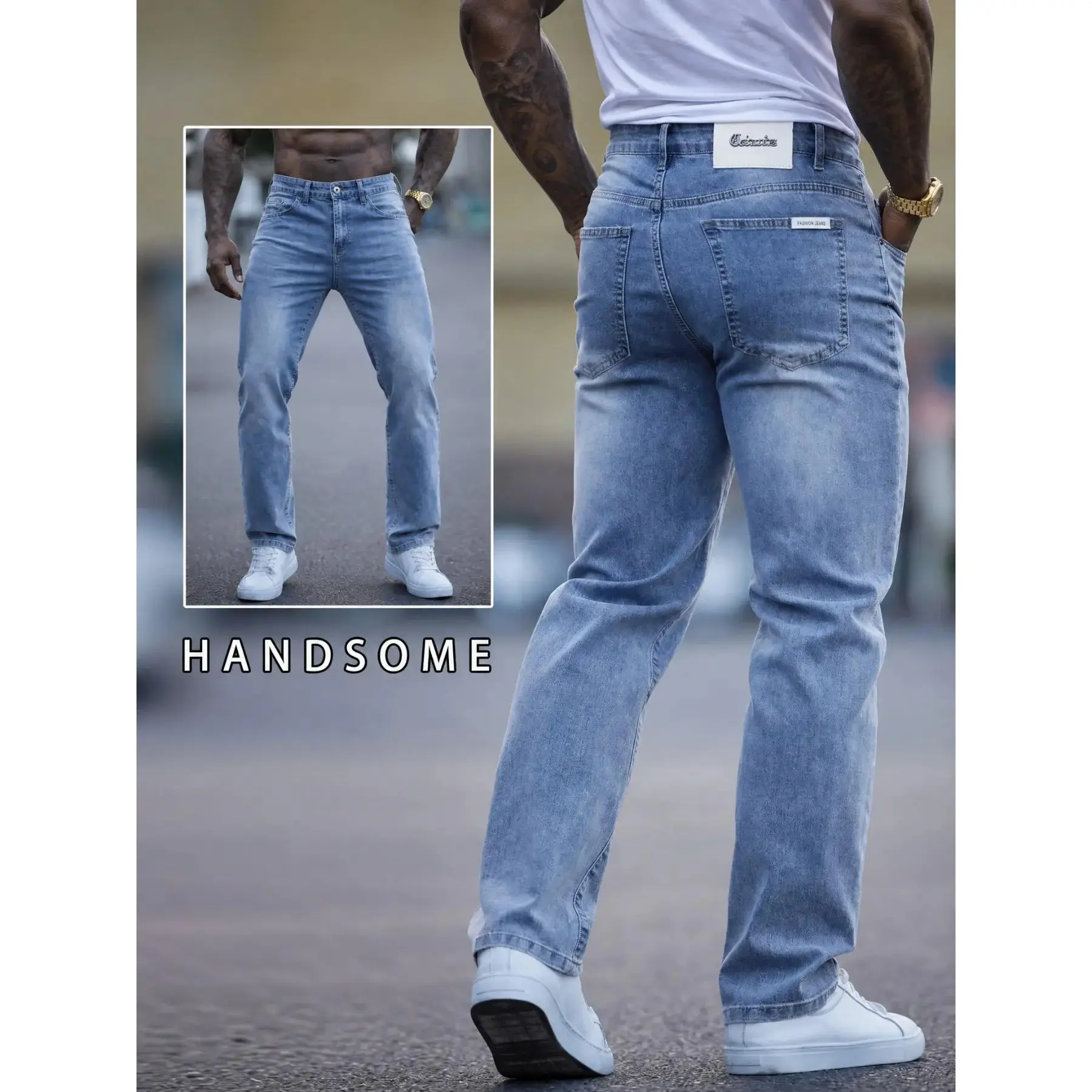 Men's Lightweight Breathable Straight Leg Jeans, Light Blue Elastic Jeans, Vintage Washed Thin Daily Casual Classic Jeans