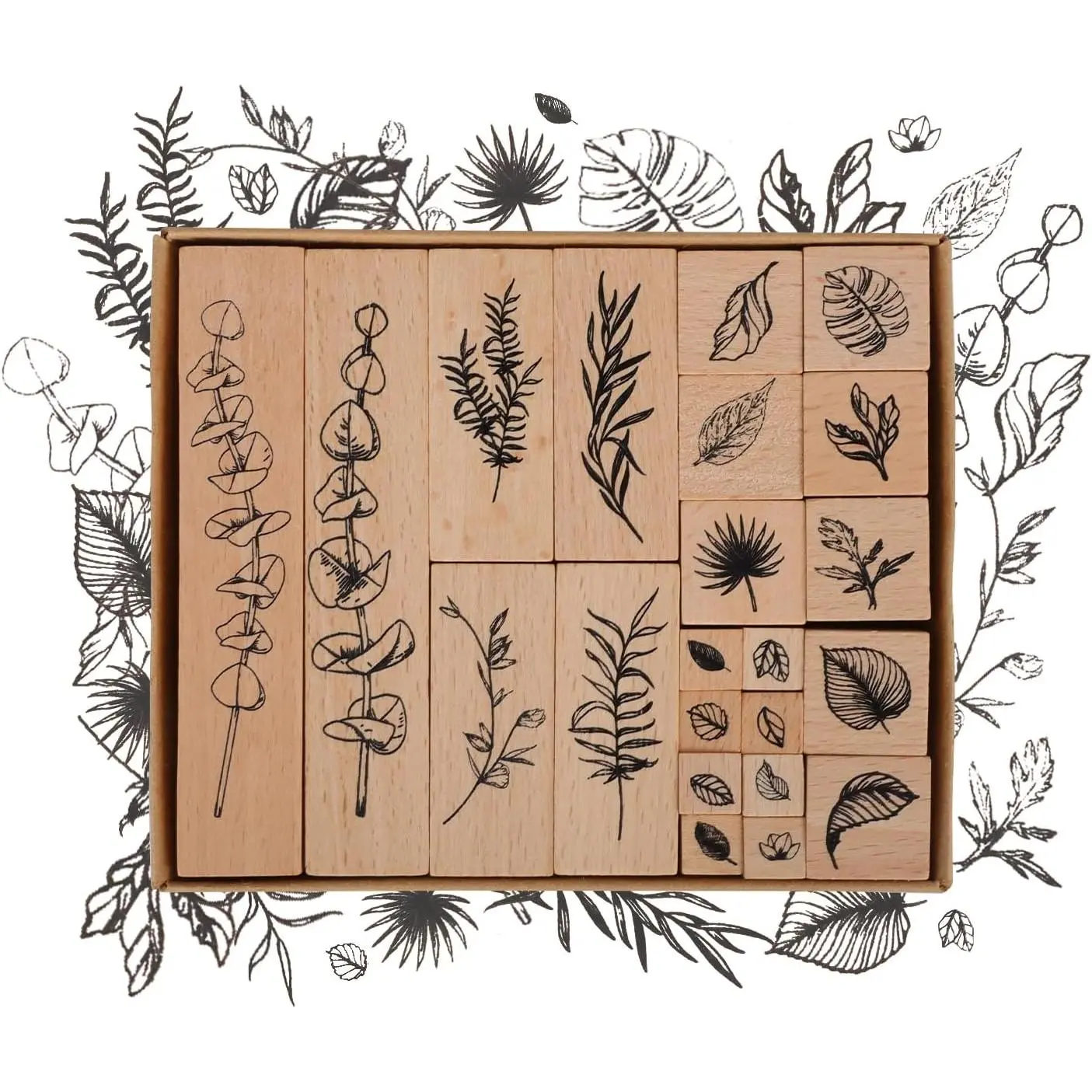 22 Pcs Plant Wooden Rubber Stamps Set, Wood Stamps  Journal, Diary, Scrapbook, Planner, Letter, DIY Craft, Card Making (Green Vitality)