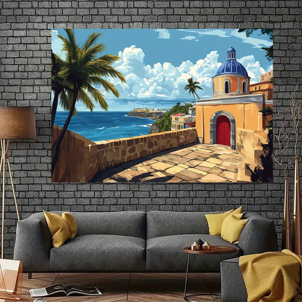 2D Flat Banner HD digitally printed polyester photography backdrop, soft lightweight foldable background cloth with coastal town scenic print, suitable for portraits, product photos, video studio, livestreams, party events and ind