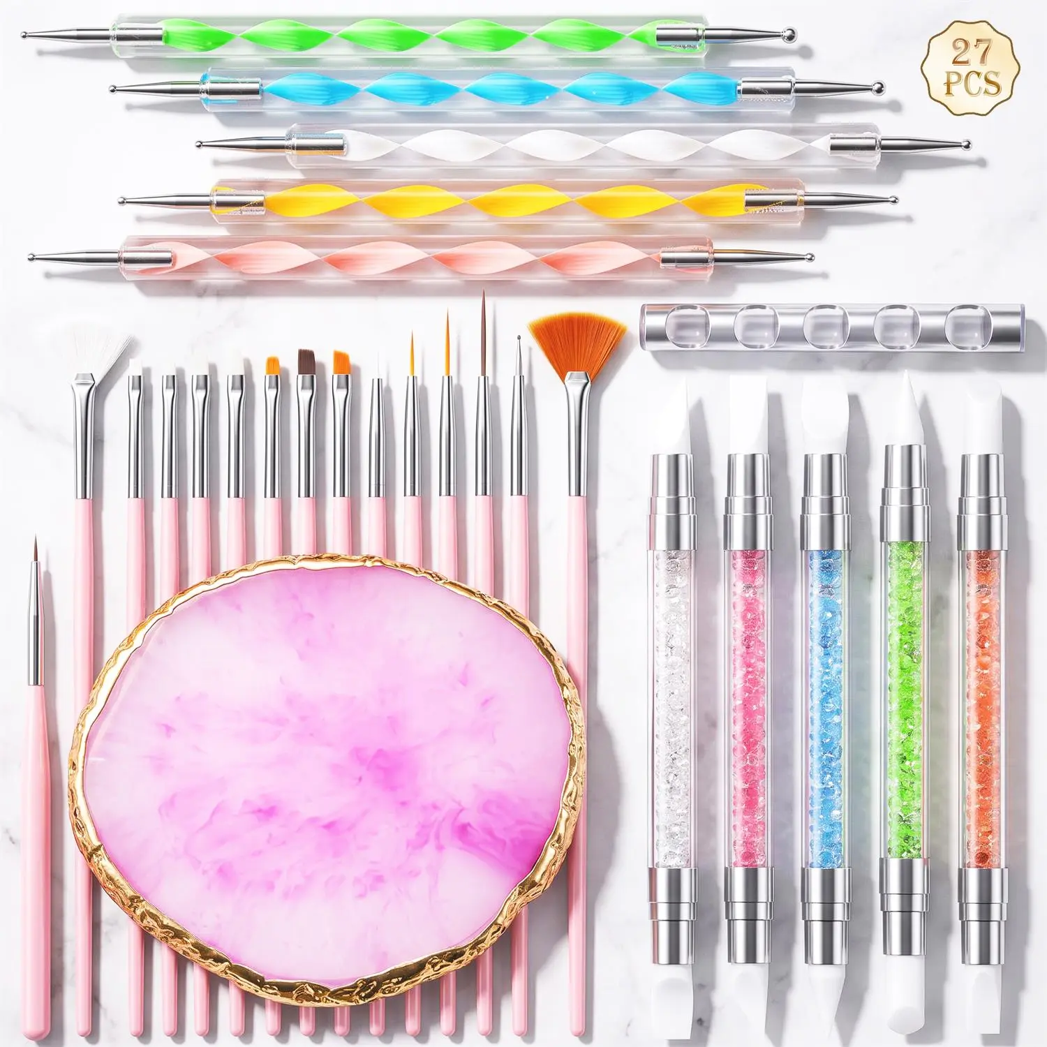 Nail Art Brush Set (27 Pieces), Includes Nail Brushes, Resin Palette, Carving Pen, Dotting Tool, Acrylic Stand, Essential DIY Tools for Beginners and Professionals