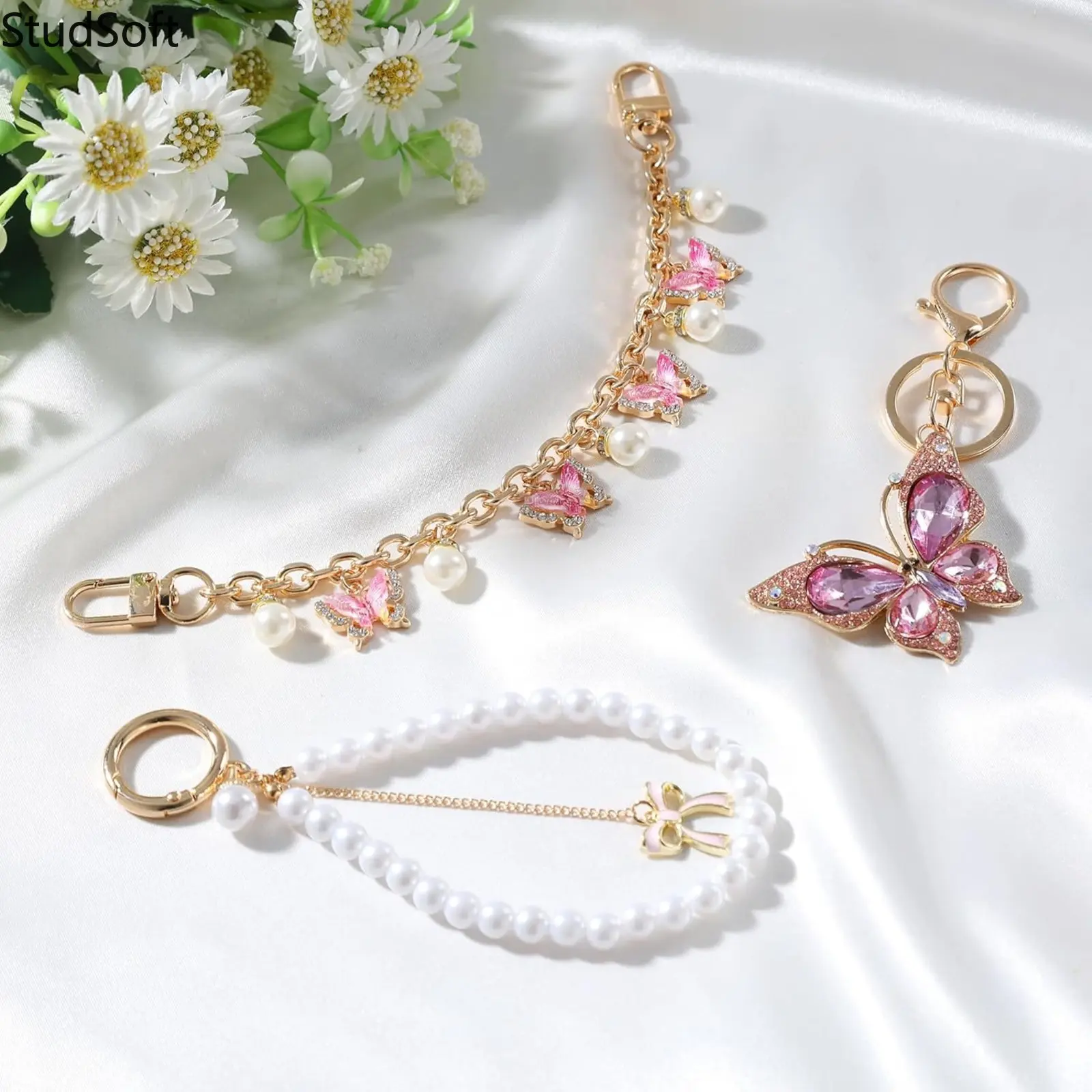 Cute Coquette Aesthetic Bag Chain Charms Set Pink Ribbon Bow Butterfly Cherry Pearl Gold Metal Purse Extender for Handbag Decoration