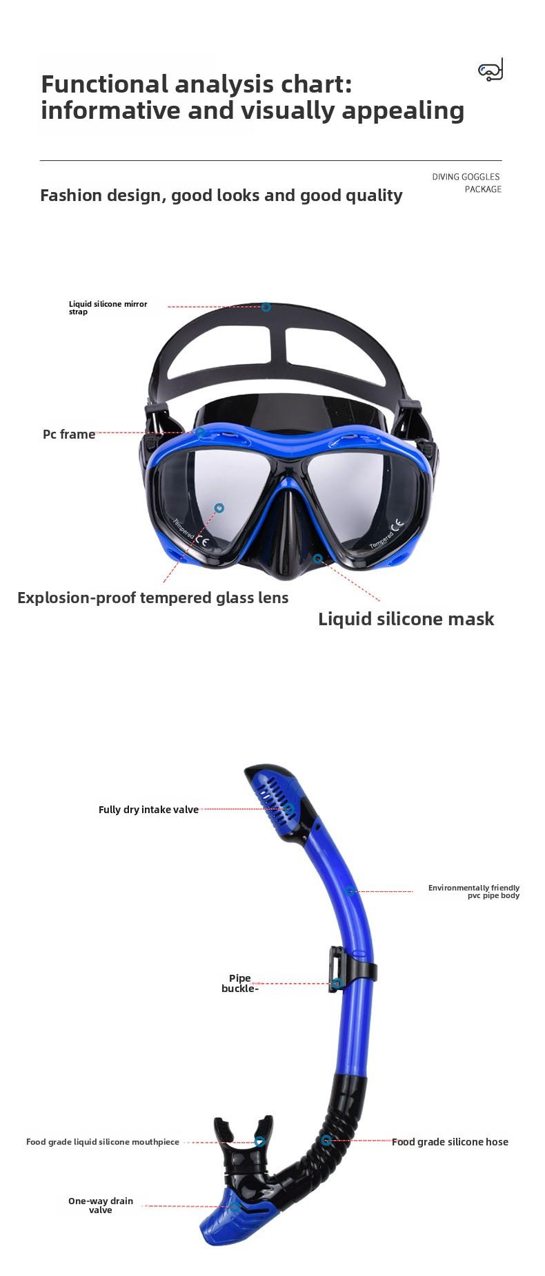 Snorkeling Equipment Diving Mask Snorkel Set Fully Dry Snorkel Tempered Glass Liquid Silicone Adult Suit White Black Red Tip