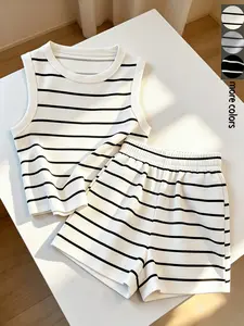 Striped Sleeveless Tank Top and Shorts Set, Lightweight, Casual Lazy Wear, Home Relax, Daily, Short Trip, Light Vacation