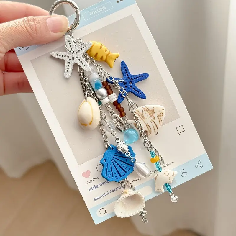 Starfish Keychain, Ocean Style Multi-Piece Keychain, Shell Fish Bead Combination, Versatile and Practical, Unique High-End Resort Bag Charm, Beach Keychain