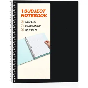 Spiral Notebook, 1-Subject, College Ruled Paper, 8" x 10-1/2", 100 Sheets per Notebook, 3-Hole Punched Paper, Water Resistant Cover, Double-sided Pockets, Spiral Lined Notebooks for Work, Black