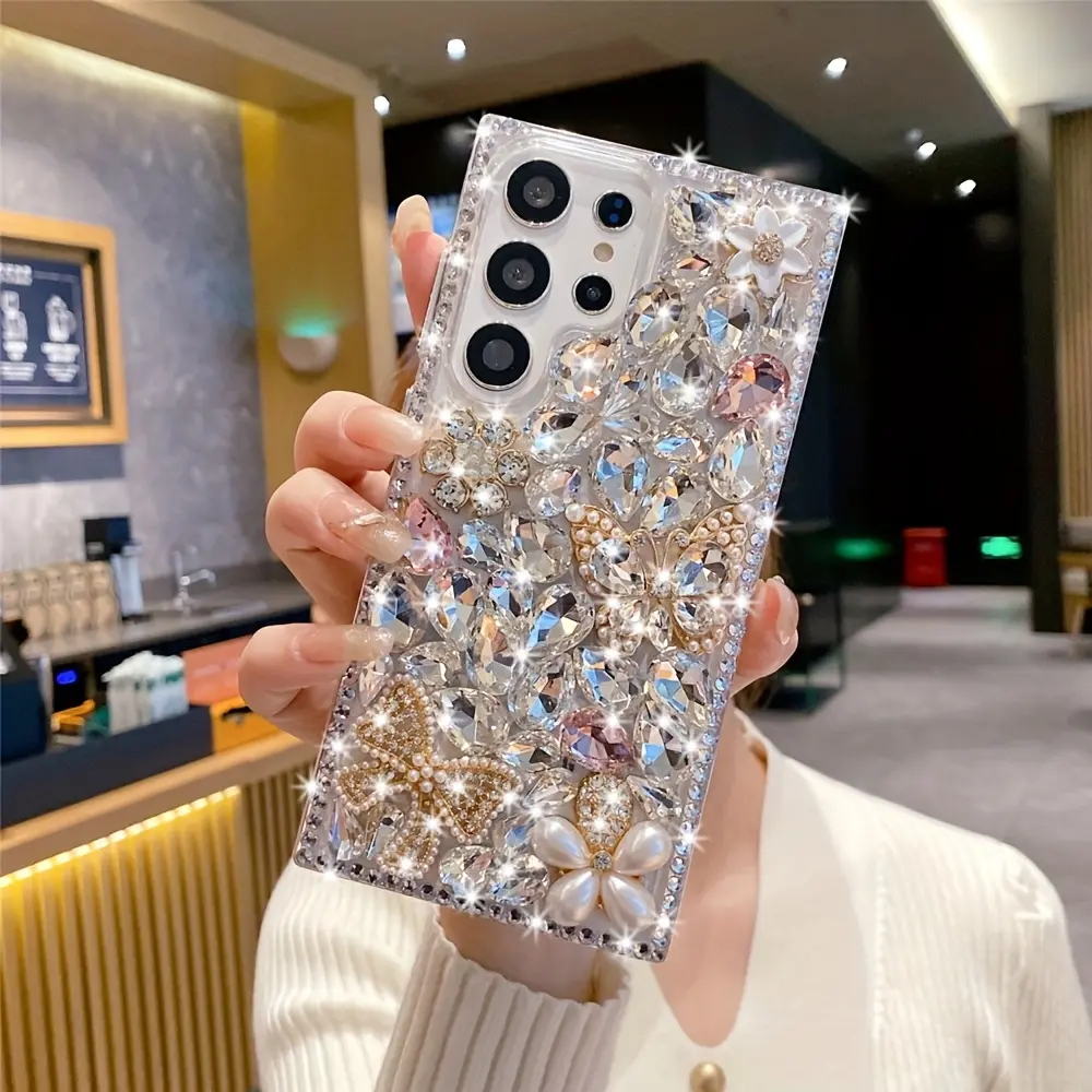 Luxurious Sparkling Butterfly Flower Phone Case with Artificial Pearl Design - Protective Casing, Shockproof, Anti-Slip, Camera Protection for Samsung S25 Ultra, S24, S23, S22 Ultra Mobile Phone Accessories