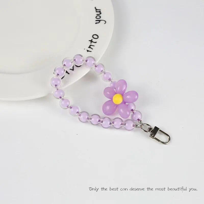 Colored bead petal Lanyard for IPhone Anti-Lost Bracelet for Samsung Mobile Phone Case Wrist Strap Car Keychain Cute Phone Charm