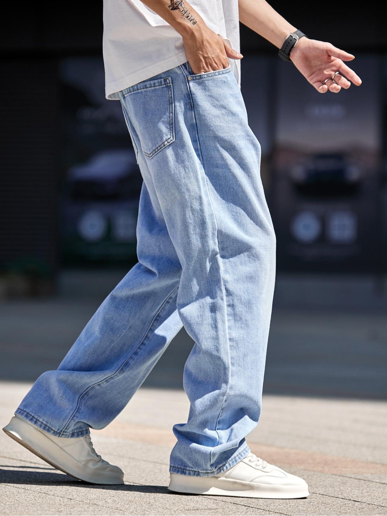 Men's Fashion Light Blue Light Wash Baggy Jeans, Menswear Retro Style Loose - Fit Denim Pants Perfect for Streetwear, Casual Daily Outfits and Urban Fashion Looks Vibe