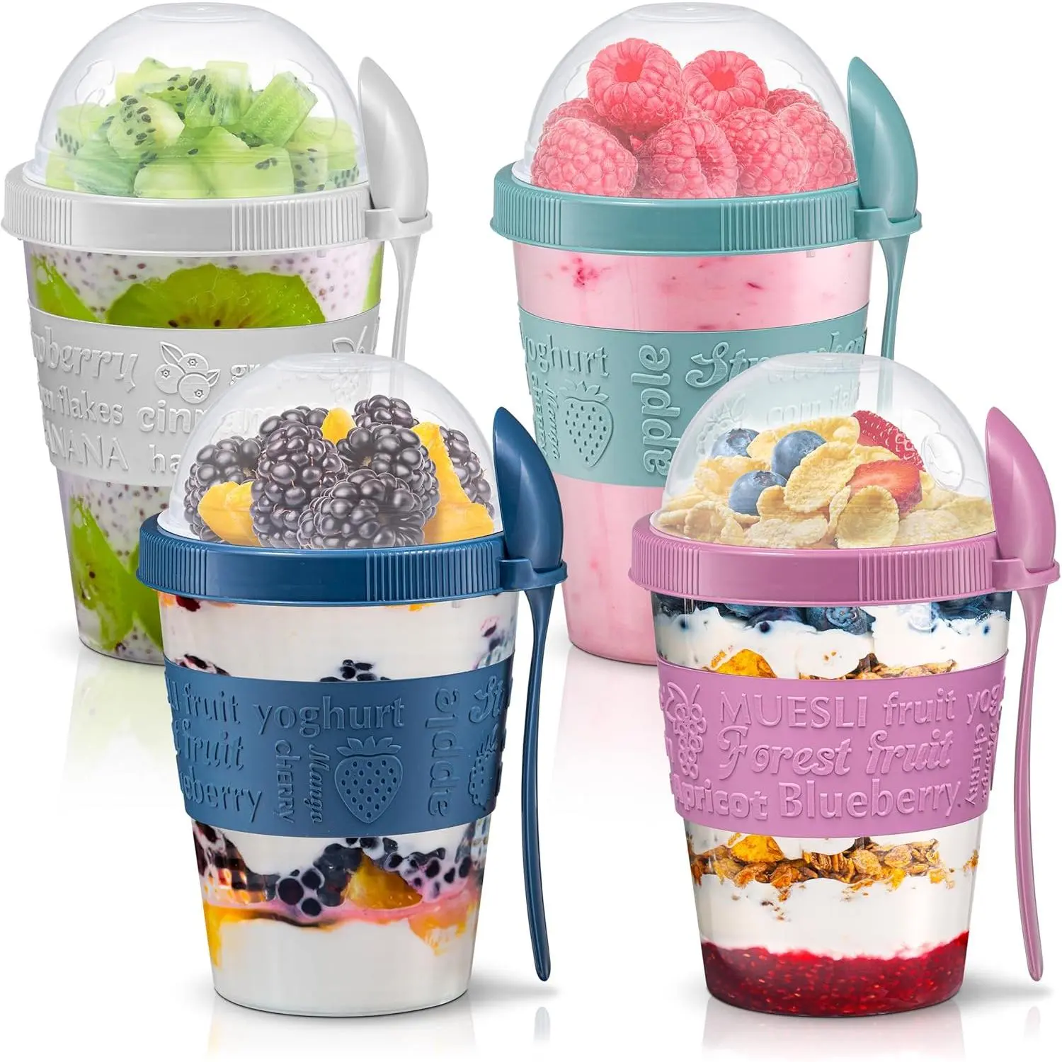 4 Pack - On the Go Yogurt Parfait Cups with Lids, Topping Compartment & Spoon, Yogurt/Parfait Cups for Breakfast Meal Prep, Reusable Leak Proof Container - BPA Free - 20oz - ColorfullGift.
