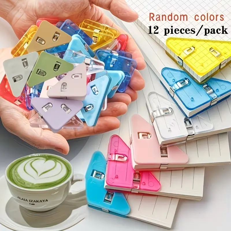 12-Pack Random Color Creative Multi-Functional Triangle Clips, Paper Organizer, Anti-Bend, for Books, Notes, Bills, Documents, Files, Office, Study, Home
