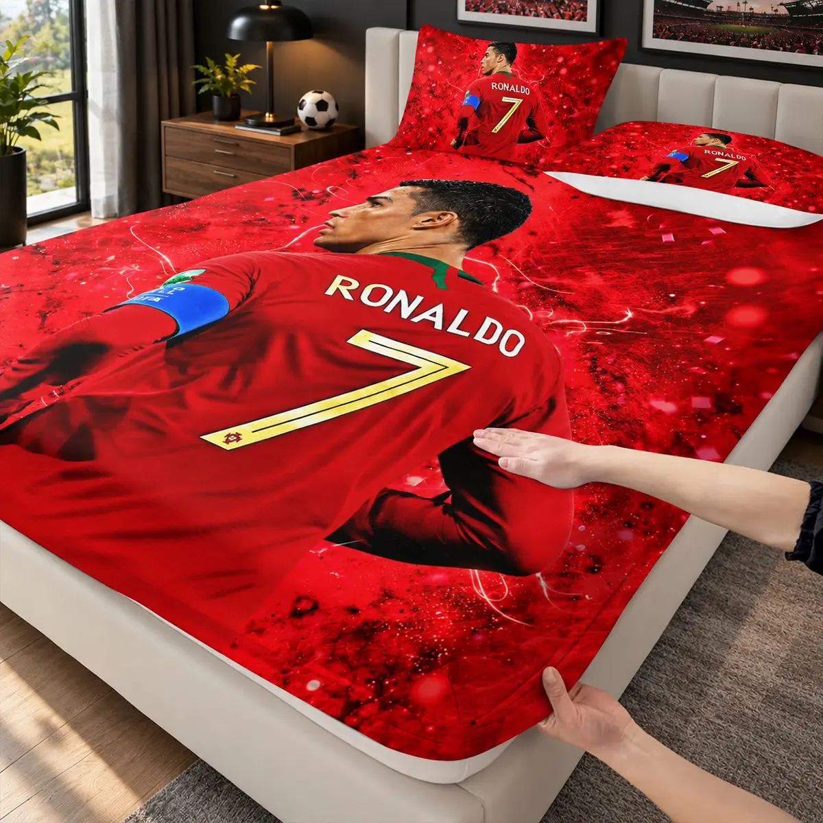 3-Piece Bedding Set featuring a red sports-jersey-inspired design with a paint-splatter motif (includes 1 fitted sheet and 2 pillowcases; comforter and pillow inserts not included). Perfect for home or dorm decor, and makes an excellent holiday gift.