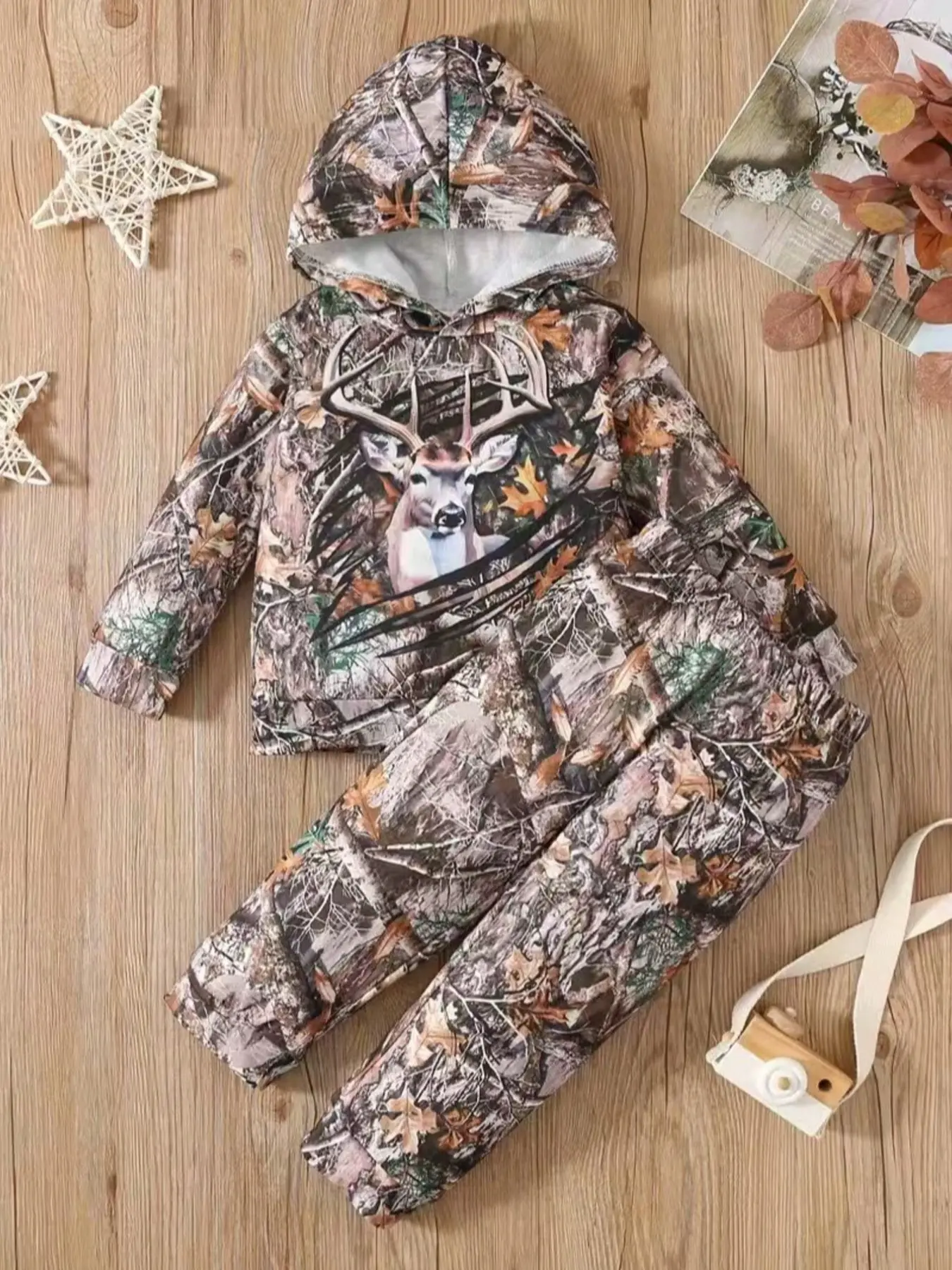 Two-Piece Boys' Casual Deer Print Long Sleeve Hoodie Set, Leaf Branch Print Pants, Outdoor Fall Winter, Kids Fashion