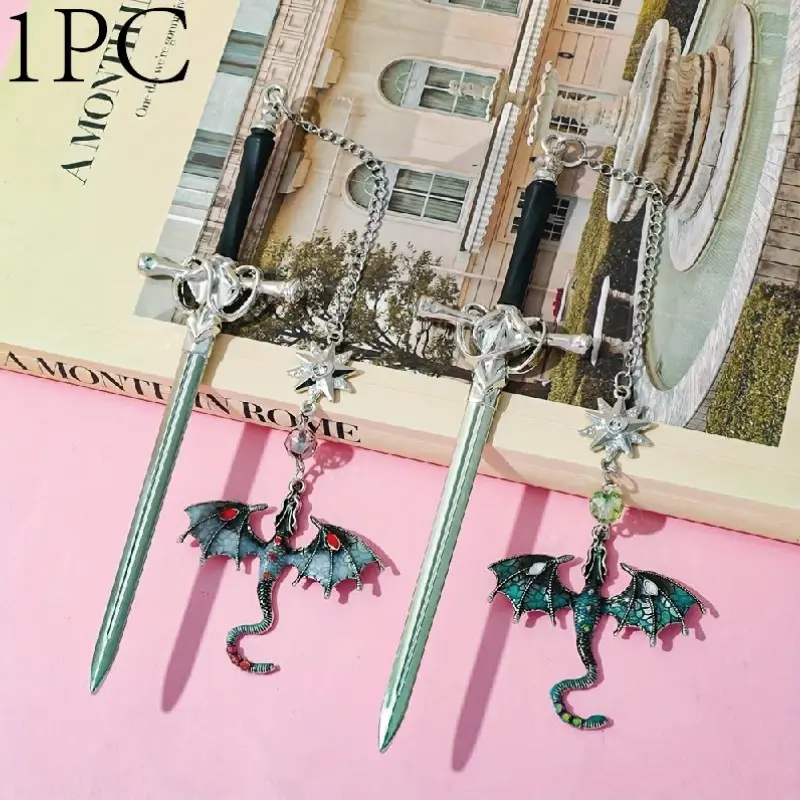 Sword Shaped Metal Bookmark with Winged Dragon Pendant, Fantasy Page Marker, Ideal Gift for Students & Book Lovers, Unique Reading Accessory