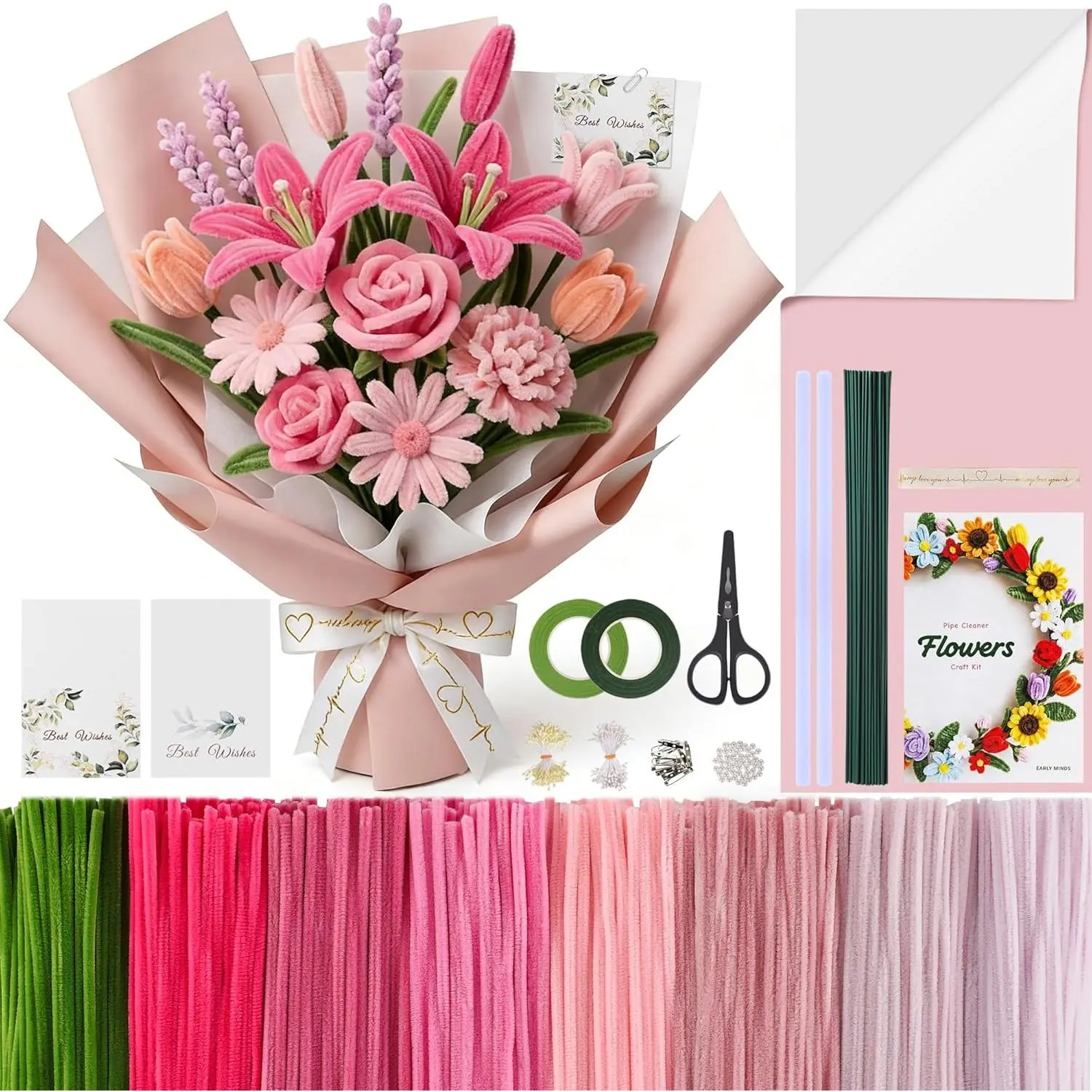 800Pcs Multicolored Pipe Cleaner Flower Craft Kit with Tutorial, 8 Colors Pink Chenille Stems, Floral Tape, Flower Stems, Gift Wrap & More, Decor Room Decor DIY Bouquet Handmade Mother's Day Gift