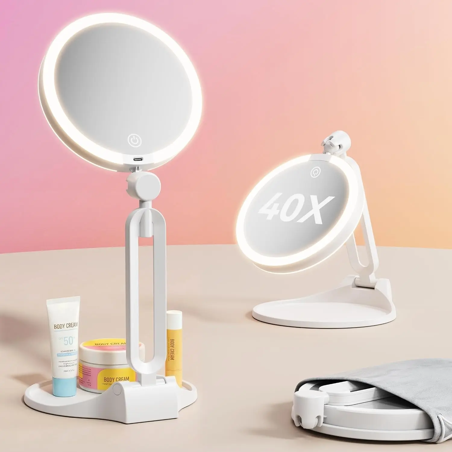 Travel Makeup Mirror with Lights, 1X/40X Magnification Double Sided Lighted Mirror, 3 Color Lighting & Stepless Dimming, 2000mAh Foldable Portable Mirror for Desk & Travel