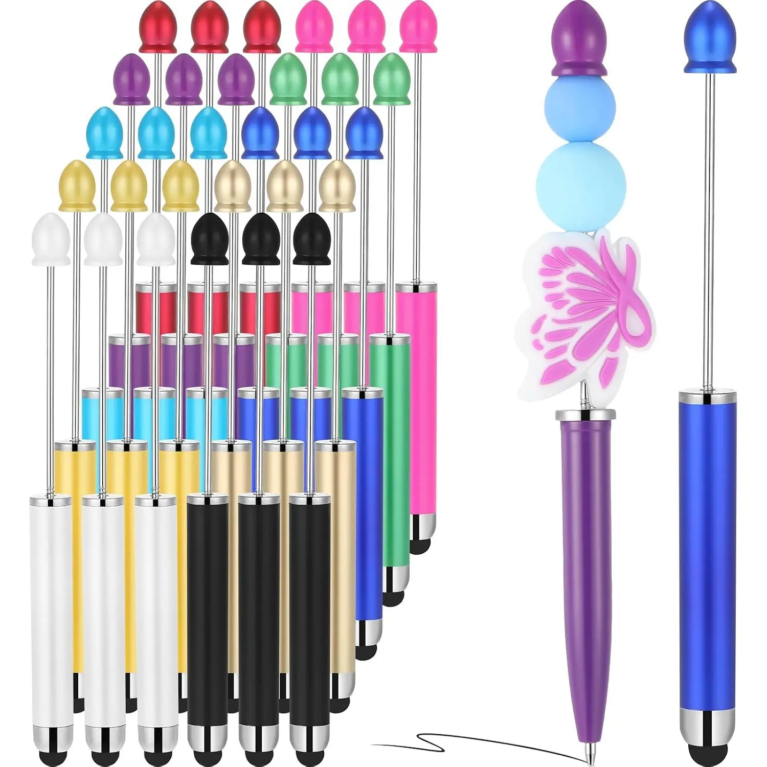 30 count Beaded Pens with Stylus Tips Plastic Beaded DIY Stylus 2-in-1 for Rubber  Screen Handwriting Ballpoint Pen 1.0mm, Black Ink, Office Supplies(Colorful)