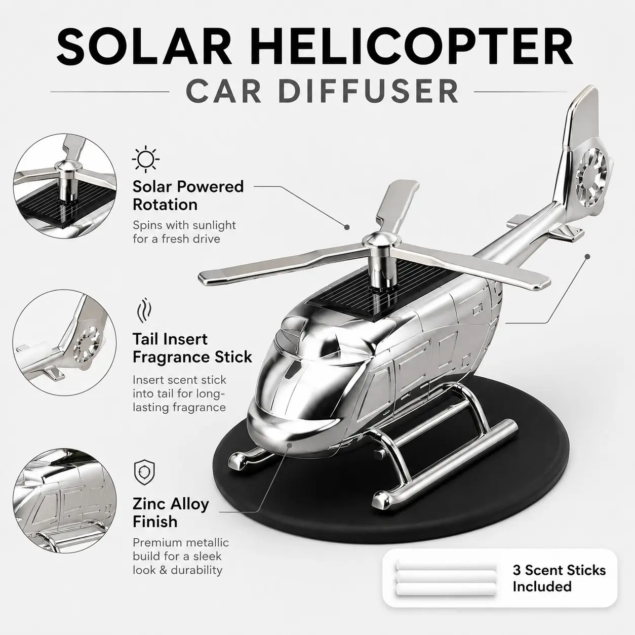 Solar Rotating Helicopter Car Air Freshener, Essential Oil Diffuser Dashboard Decoration with 3 Fragrance Sticks, Cool Car Interior Accessory Aromatherapy Ornaments Gifts for Men