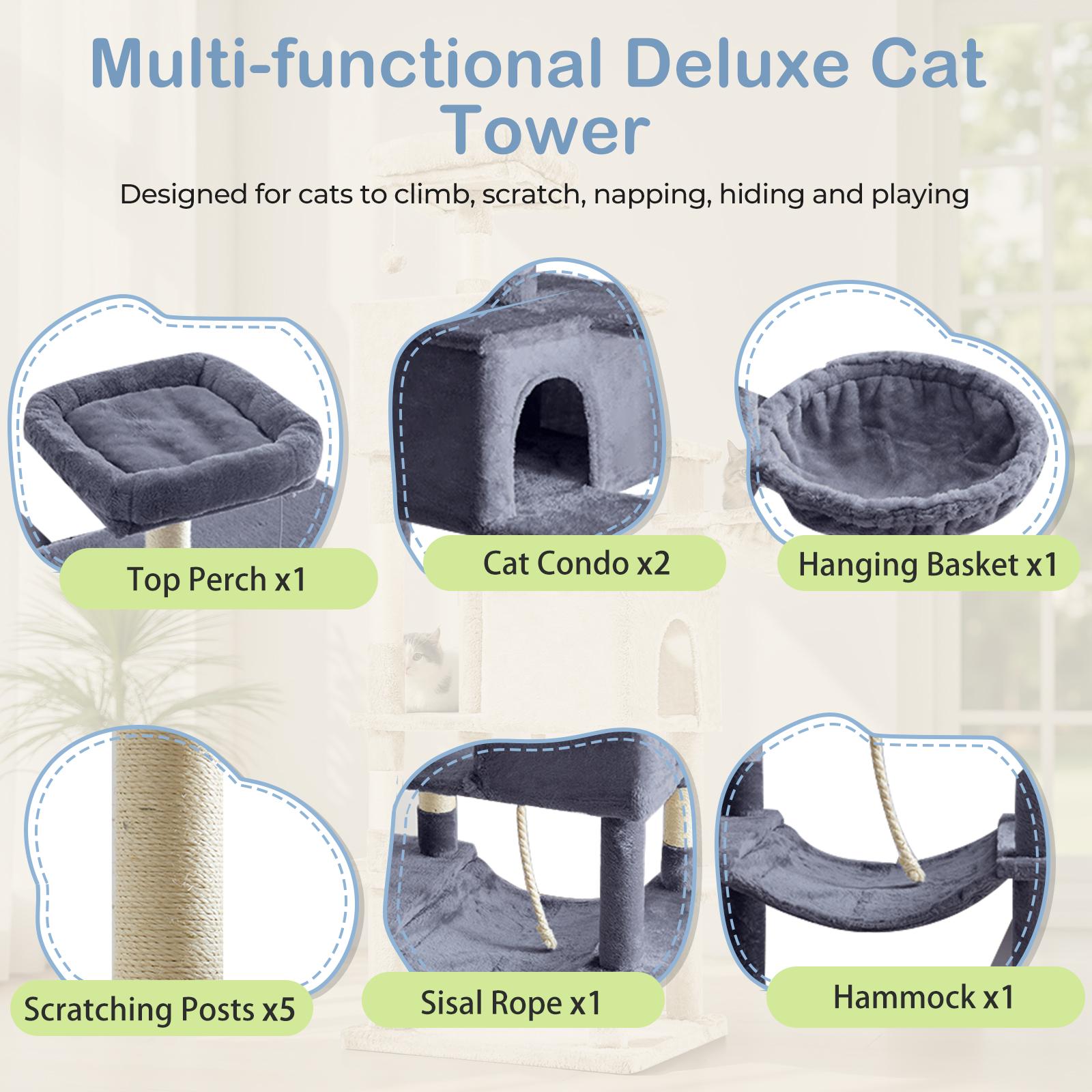 66 Inch Large Cat Tree Tower for Multiple Cats with 2 Condos 3 Perches Hammock Pompoms Extra Wide Platform Indoor Cat Activity Center