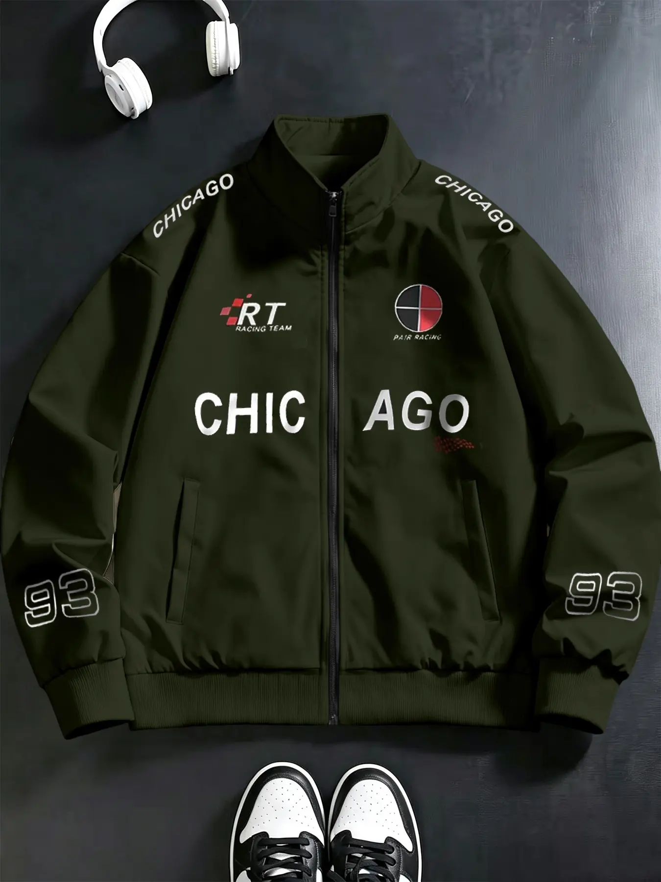 American Racing Style Chicago Stand Collar Zipper Jacket, Casual Versatile Men's Spring Fall Motorcycle Baseball Coat, Street Fashion Outerwear