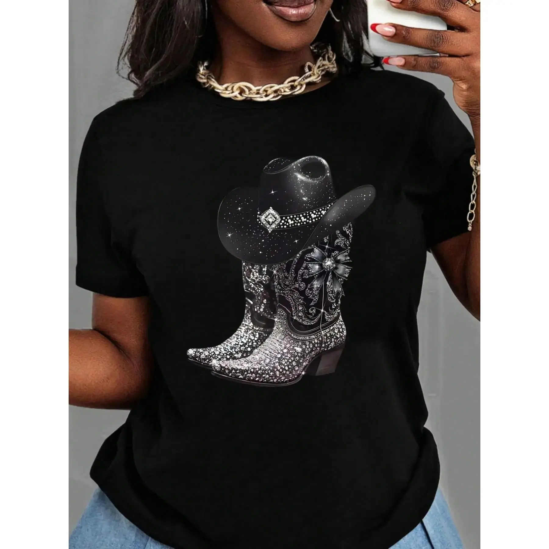 Women's Plus Size Loose Knitted Short-Sleeve Graphic Sports Top - Summer Day Comfort, Shiny Rhinestone Embellished Cowboy Boots Pairing Option
