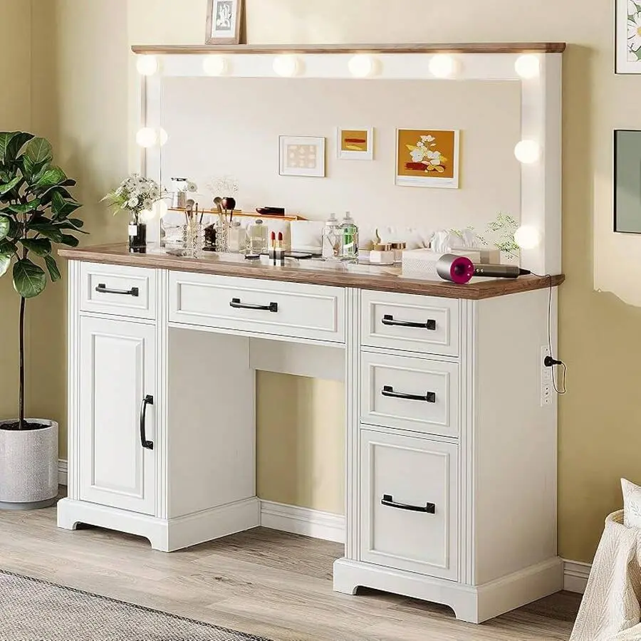 55 Inch Farmhouse Vanity Desk With Mirror And LED Lights, Rustic Makeup Table With Charging Station, Glass Tabletop And 5 Drawers, Elegant Dressing Table Bedroom, Antique White