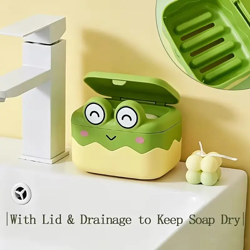 Cartoon Frog Soap Box Set, Dual Layer Bubble Net with Strap, Dust-Proof Bathroom Soap Holder, Hanging Soap Organizer, Perfect Gift