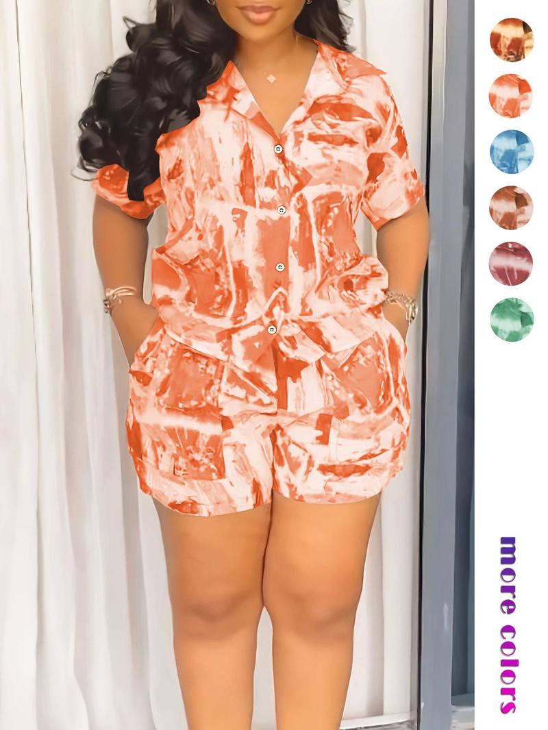 Two-piece Set Women's All Over Print Short Sleeve Shirt & Shorts, Casual Button Up Top & Shorts for Daily Wear, Ladies Summer Clothes, Fashion Clothes Set