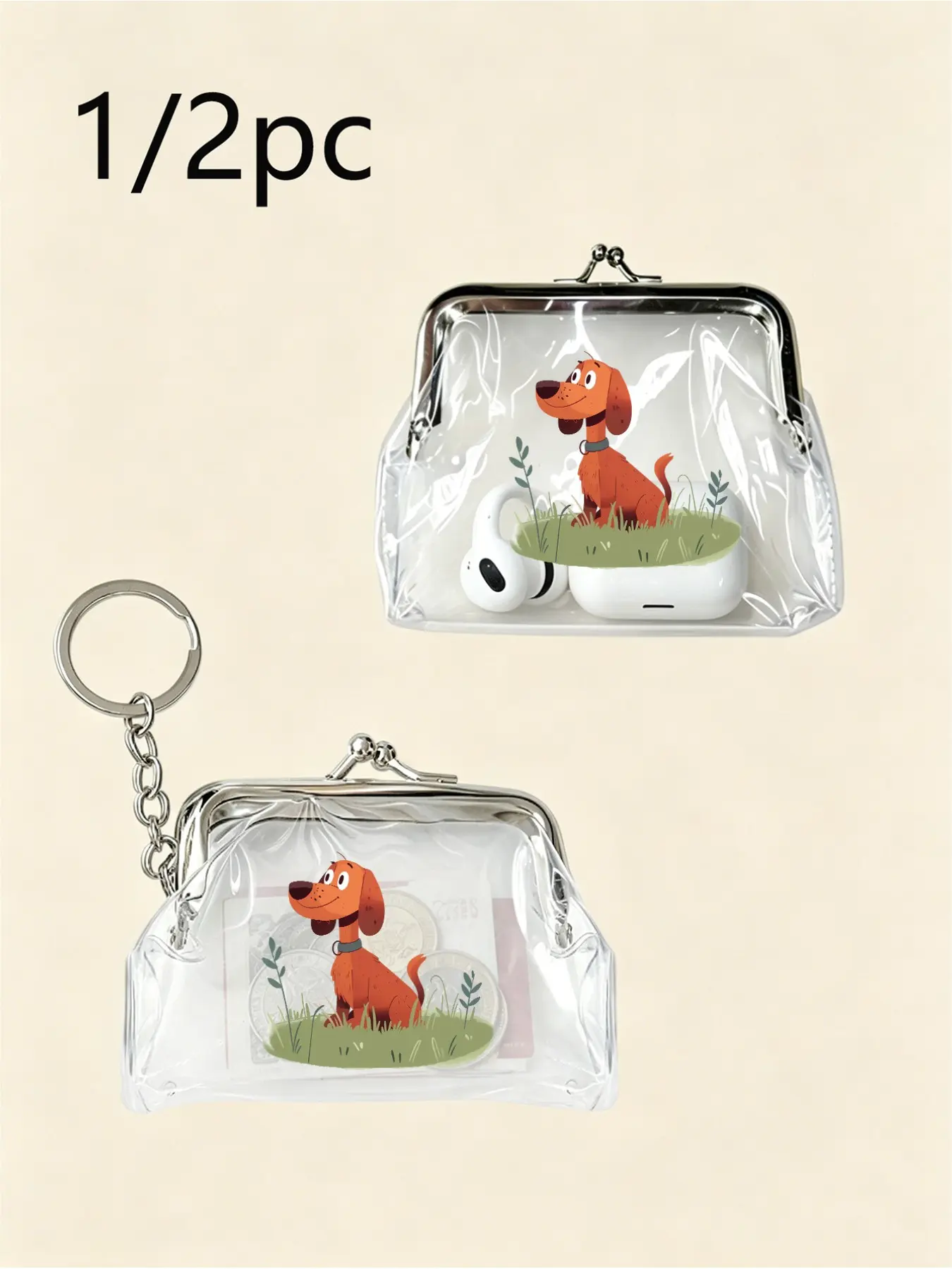 Transparent Coin Purse Keychain, Cute Dog Design PVC Mini Storage Bag, Portable for Coins Lipstick Earbuds, Women Girls Daily Travel Accessory