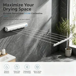 Moisture Resistant Retractable 5 Line Wall Clothes Rack Hidden Pull Out Design Space Saving Balcony Bathroom Laundry Line Drying Rack
