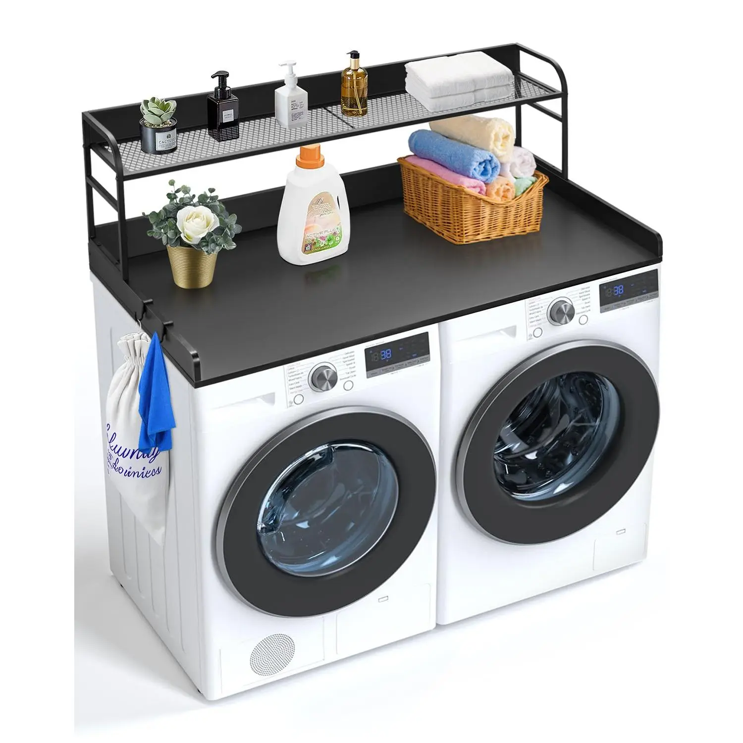 VEVOR P2 Carb Wood Washer and Dryer Countertop, 54x27in (27in Deep) Water-Resistant Unit with 2-Tier Shelf, Anti-Slip Pads, 250lbs Capacity for Laundry Room Organization, Black, Manual