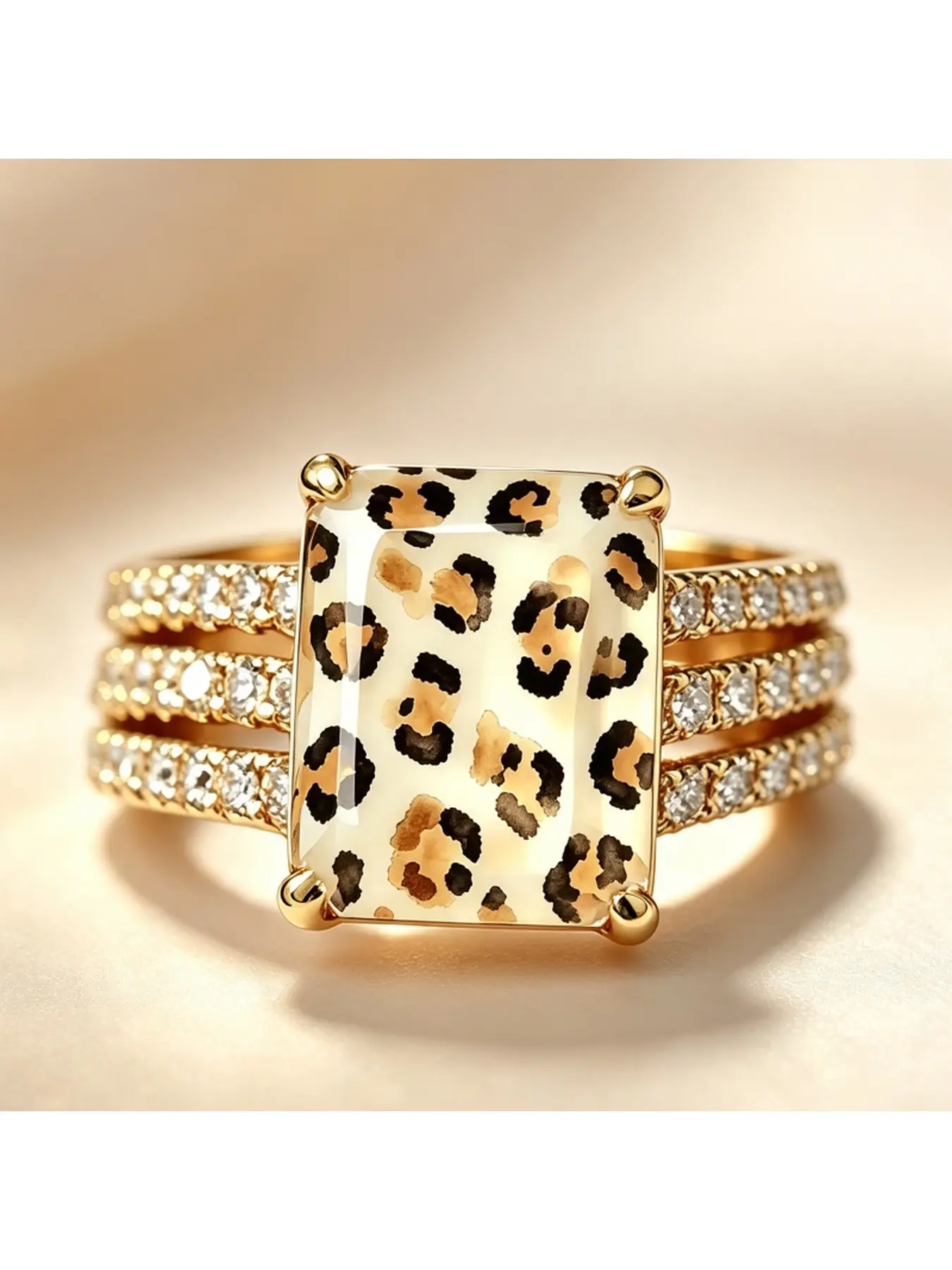 Rectangular cream-colored watercolor leopard print pattern gemstone three-layer set-in ring. Retro sweet and cool finger ring. Personalized women's daily travel and party decoration ring. Rectangle Rings