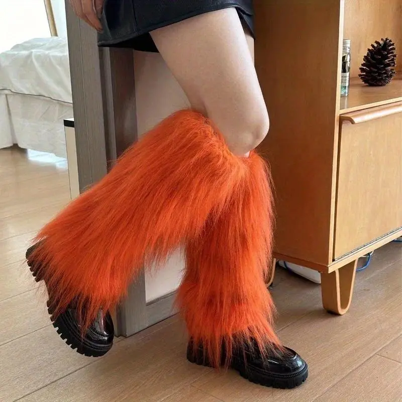 Japanese White Faux Fur Leg Warmers Boot Covers Y2K Goth Solid Leg Socks Punk Jk Knee-length Hiphop Hotgirl Fashion Warm Sock
