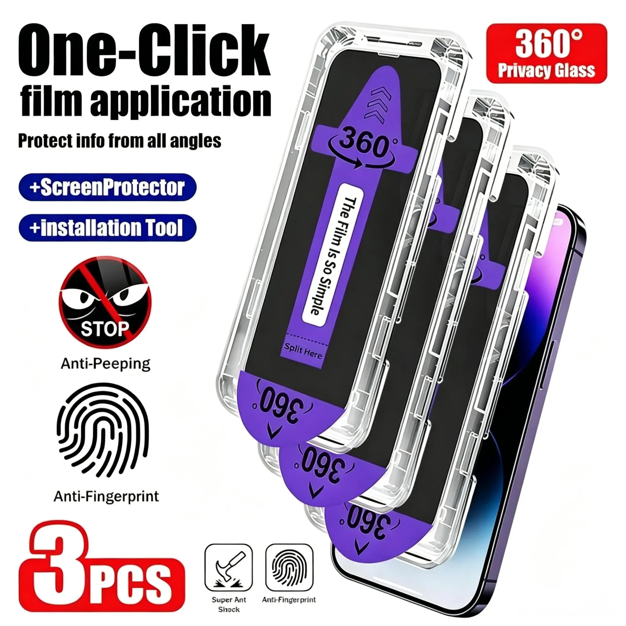 Three-Pack 360° Full Coverage Tempered Glass Screen Protector, Privacy Protection, Anti-Glare, Anti-Fingerprint, Scratch-Resistant, Dust-Free, for iPhone11/12/13/14/15/16/17/Pro/Pro Max/16 Plus/16e/Air Series