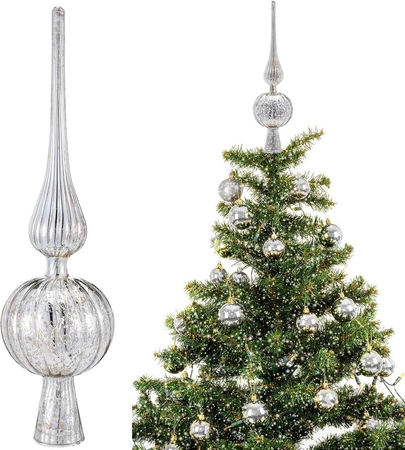 Mercury Glass Finial Christmas Tree Topper 12 Inches Vintage Spherical Xmas Tree Topper Mid Century Christmas Ornament for Home Xmas Holiday Decorations(Sliver)