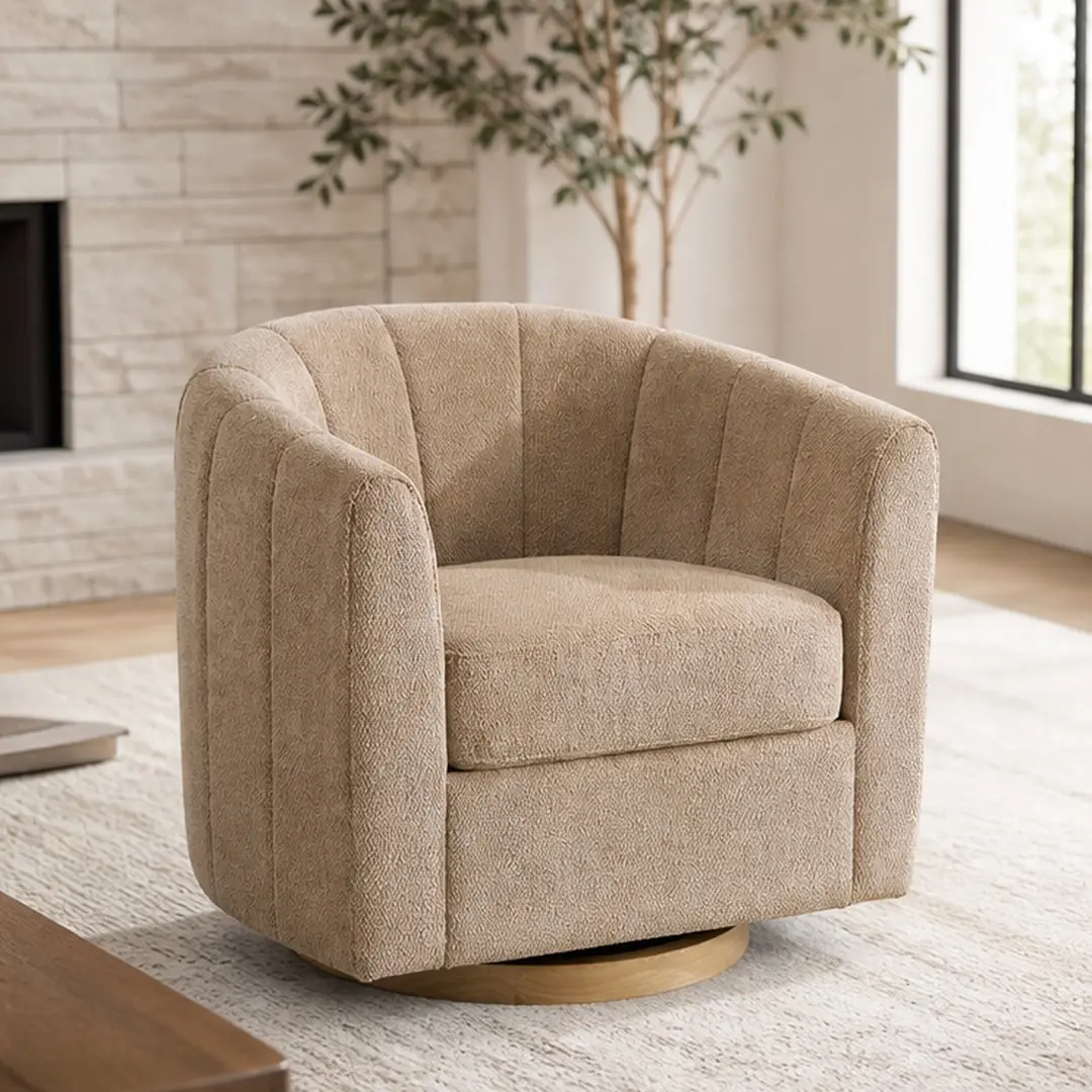 ARCH 31.1'' Wide Chenille Swivel Barrel Chair - Curved Wooden Armchairs with Solid Wood Base, Comfy Channel Tufted Accent, Single Club Sofa for Living Room, Bedroom, Multiple Color Options (Beige/Blue/Taupe), Chenille Lounge Chair, Indoor Chair
