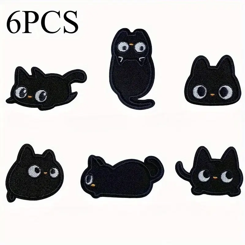 6-Piece Cat Cartoon Embroidery Heat Transfer Stickers, Self-Adhesive Seamless Fabric Decals, DIY Clothing Repair and Decoration