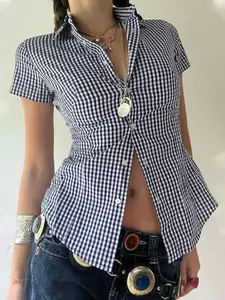 Summer Casual Blue Plaid Short Sleeve Slim Fit Button Shirt, Women's Fashion Top, Comfortable and Stylish, Perfect for Daily Wear